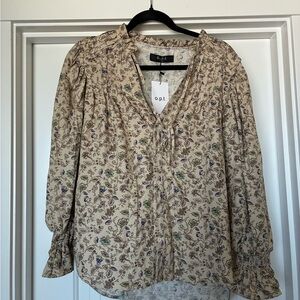 o.p.t. Beige Floral Tie-Front Peasant Blouse NWT